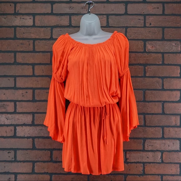 ELAN Red Off Shoulder Smocked Waist Mini Dress S
